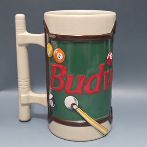 Vintage 1995 Budweiser Billiards Bud Ceramic Stein Mug Cue Stick Pool Handle